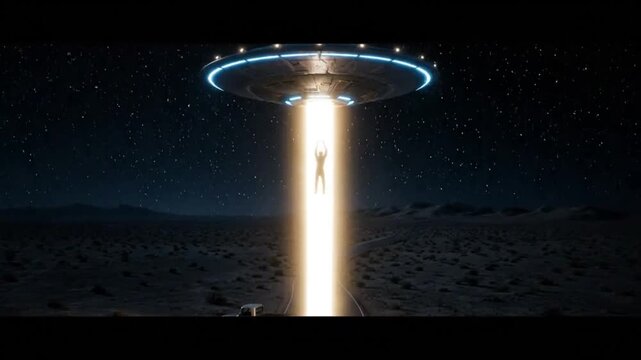 UFO Abduction at Night on a Desert Road with Bright Beam of Light and Pickup Truck