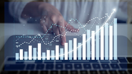 An engaged professional points at digital graphs on a laptop screen, showcasing complex financial data and growth trends that illustrate business performance and strategy. Impute