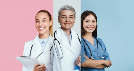 Fototapeta premium A collage features three smiling medical professionals. The team includes a woman with long hair in a white coat, a middle-aged woman with gray hair, and a young woman wearing blue scrubs.