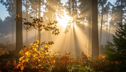 Sunlight streams through a misty forest (4)