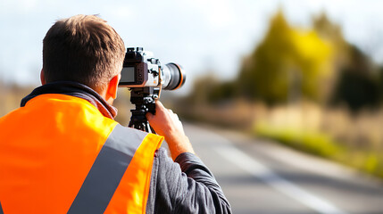 Safety Professional Capturing Road Data: A photographer in a safety vest uses a camera on a tripod to document or study a road, focusing on transport efficiency.