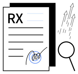 Medical document labeled RX with signature, magnifying glass, and rising arrows. Ideal for healthcare, pharmacy, diagnosis, medication, analysis, research paperwork simple flat metaphor