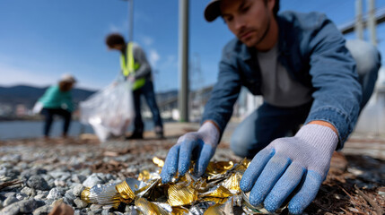A volunteer collects aluminum foil while participants work together at a communal clean-up event, highlighting teamwork and shared responsibility for the environment.