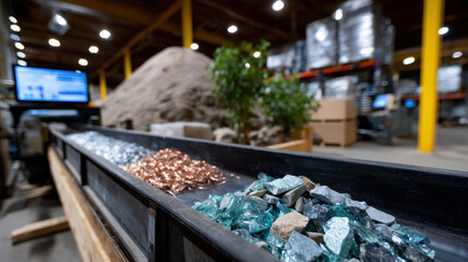 A conveyor belt showcases various recyclable materials like glass and metals in a facility, highlighting the importance of recycling in waste management and environmental protection.