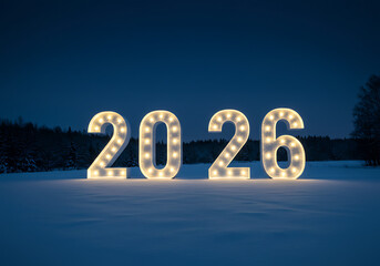 Illuminated "2026" in Snowy Twilight &ndash; Symbol of Peace, Hope, and New Beginnings

