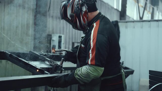Skilled industrial worker wearing a protective helmet and gloves using a welding machine to assemble a metal structure, creating bright sparks and smoke in the manufacturing facility