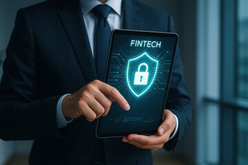 Cybersecurity digital lock fintech businessman tablet security shield padlock touchscreen corporate office data protection confidence
