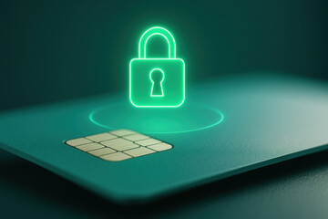 Secure fintech smart card with chip and glowing digital lock symbol representing cybersecurity and encrypted payment protection in modern banking technology