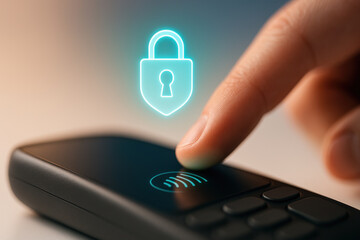 Finger touching payment terminal digital lock cybersecurity fintech protecting contactless transaction with secure authentication and subtle emotion of trust