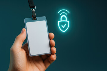Security badge with blank id card held by hand near glowing digital lock icon cybersecurity digital lock fintech protecting access and identity with modern authentication technology