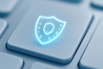 Cybersecurity digital lock fintech shield icon glowing on keyboard key portraying data protection and secure online transaction feeling calm and confident