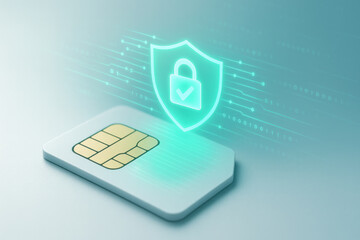 Secure fintech chip card with digital lock cybersecurity shield protecting contact payment and data privacy in modern financial technology scene evoking trust and safety