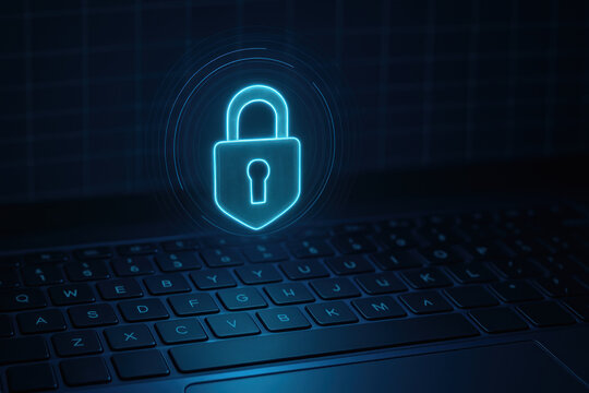 Cybersecurity digital lock fintech shield icon glowing above laptop keyboard conveying secure online transaction protection and trust in financial technology