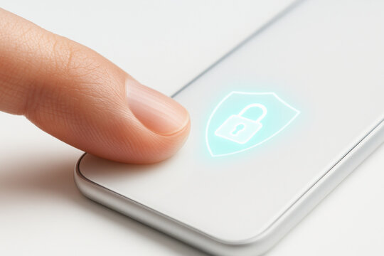 Finger touching smartphone lock shield cybersecurity digital fintech security access fingerprint authentication modern device