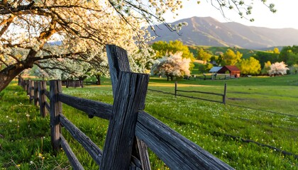 Springtime farm scene with flowering trees and wooden fence