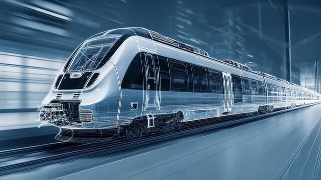 Futuristic high speed commuter train wireframe model moving fast through a tunnel. Representing modern transportation engineering. Technological progress. And innovative railway industry development