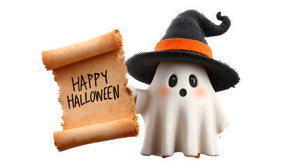 Ghost wearing witch hat holding happy Halloween on white background 