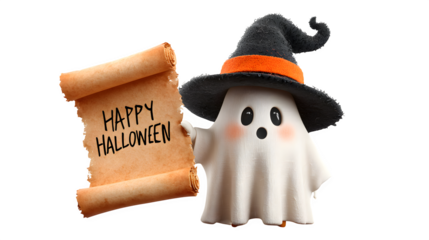 Ghost wearing witch hat holding happy Halloween on white background
