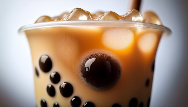 close up shot of a single black tapioca pearl suspended in the surface of a creamy bubble tea smooth translucent