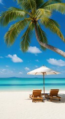 Two chairs under palm tree and umbrella on sandy beach. A serene, tropical vacation scene evoking relaxation. Beach getaway, tranquil scene, idyllic paradise.