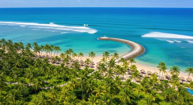Aerial view of tropical beach resort with palm trees and ocean waves. A stunning landscape conveying tranquility and relaxation. Paradise found, summer escape, vacation destination.