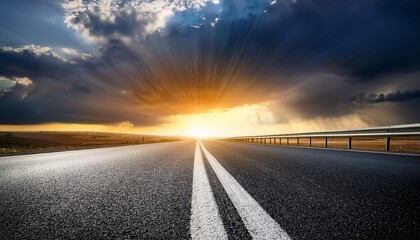 stormy sky over empty highway sun rays breaking through clouds asphalt road dramatic backdrop