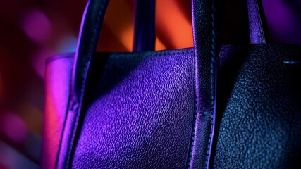 LEDlit medium shot highlighting a designer bag with cool bright light that emphasizes color and material contrast leaving the background softly out of focus.