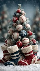 Creative baseball-themed Christmas tree decorated with ornaments and cozy stockings in a snowy winter setting