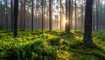 Sunlight streams through a misty pine forest