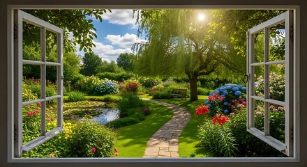 Obraz premium Beautiful Garden View from Window.