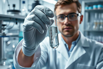 Laboratory analysis of PFAS in a water sample. Test tube in scientist's hands. Scientific laboratory