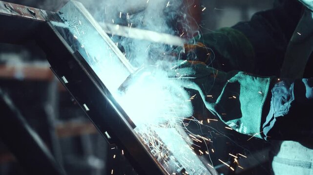 Professional welder in protective gloves using a welding machine to connect metal parts in a workshop, creating bright flashes of light, sparks, and smoke during the fabrication process