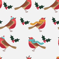 Seamless Christmas pattern with Robin the bird and leaves with berries. 