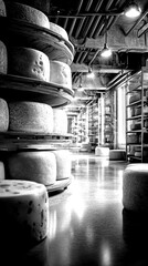 Cheese aging facility displaying various cheese wheels in a spacious industrial setting with lighting