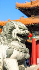 Stone lion guardian at ancient Chinese temple