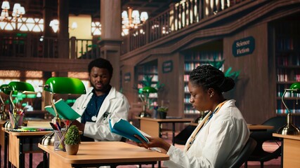Two medical school scholars focusing on their studies in a traditional library, exchanging impressions and ideas. Students show great dedication to medicine and healthcare methods. Camera A.