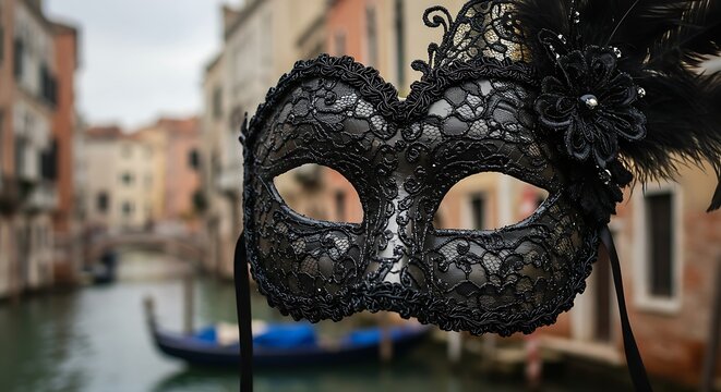 Elegant black lace mask with feathers against a blurred cityscape backdrop
