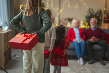 Fototapeta premium Children surprising grandparents with christmas gift boxes