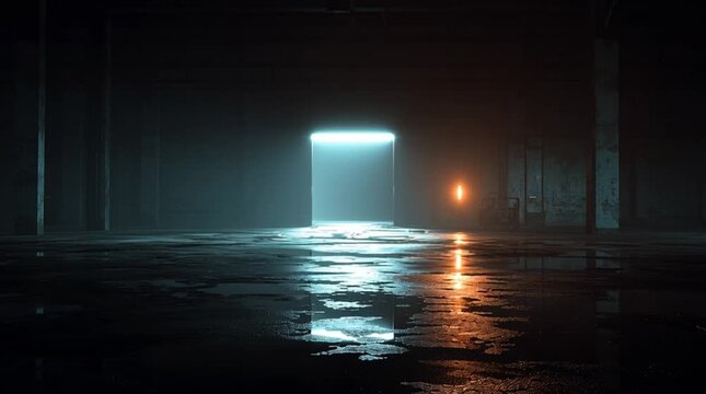 Cinematic shot of a dark, abandoned industrial warehouse with a single glowing neon light reflecting on a wet metal floor &mdash; moody, gritty, and atmospheric