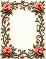 Elegant Vintage Frame with Rose Flowers and Green Vines
