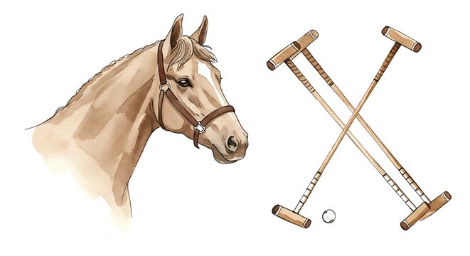 Watercolor illustration of a horse with polo mallets and ball isolated
