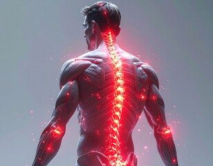 Anatomical illustration of the human spine with highlighted vertebrae