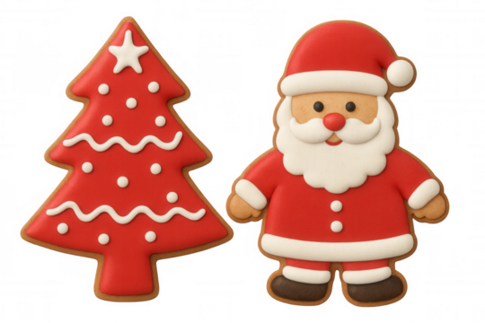 Christmas tree and santa claus gingerbread cookies with red and white icing, symbolizing holiday baking and festive treats
