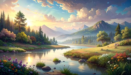 A serene landscape painting depicts a river winding through verdant fields, forests, and majestic mountains under a cloudy, sunlit sky