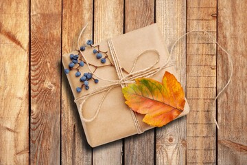 Autumn nature leaves and kraft paper as decoration.
