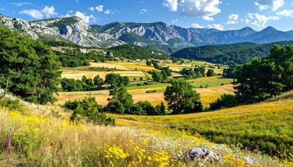 Golden Fields and Majestic Mountains - A Serene Landscape in the French Alps.