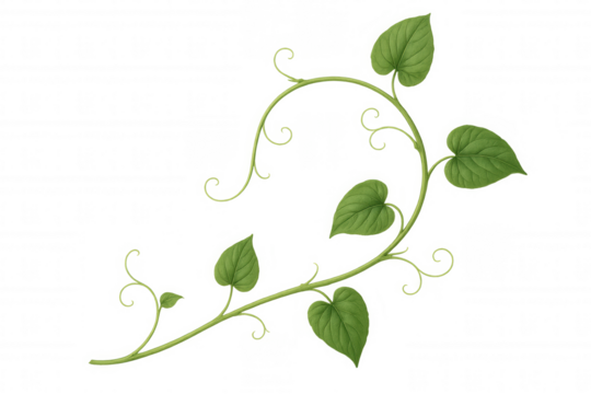 Green climbing plant vine with heart shaped leaves and tendrils growing, transparent background