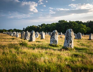 Stone monuments in a grassy field under a partly cloudy sky