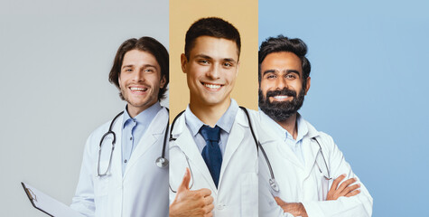 A collage showcases three healthcare professionals, including a woman and two men of different...
