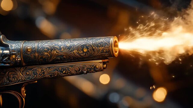 Dramatic Muzzle Flash from an Ornate Antique Pistol Firing.